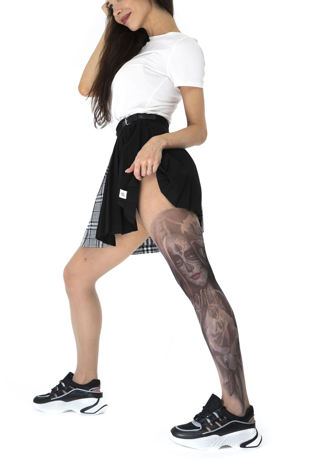 Колготки с крупным принтом-тату в виде девушки с макияжем калавера (Размер: S-M-L) (Цвет: бежевый)