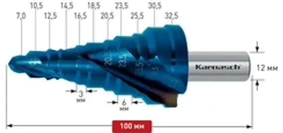 Набор ступенчатых сверл cо спиралью (3 зубца) Karnasch, арт. 21.3007