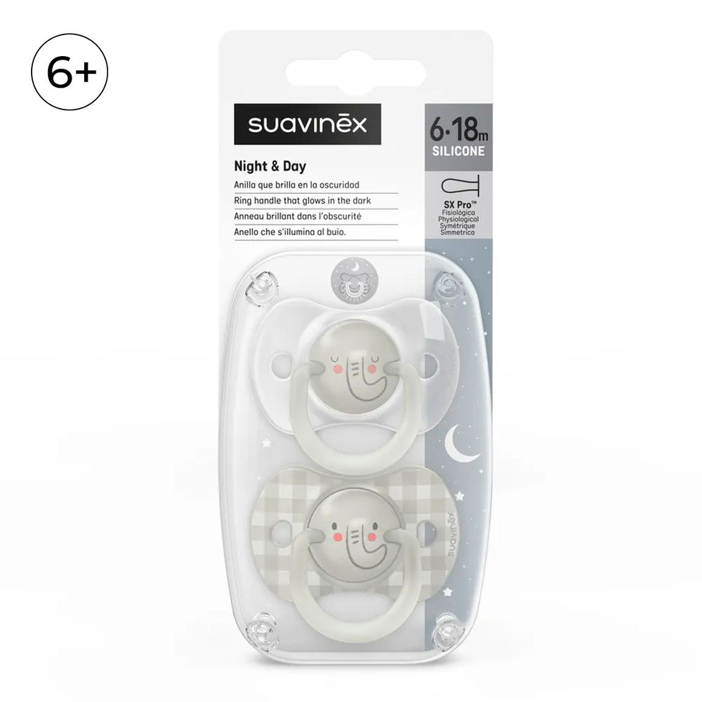 Набор пустышек Suavinex Night&Day Elephant 6-18 мес, 2 шт
