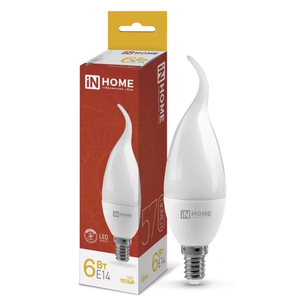 Лампа светодиодная LED-СВЕЧА НА ВЕТРУ-VC 6Вт 230В Е14 3000К ТЕПЛЫЙ ЦВЕТ 540Лм IN HOME