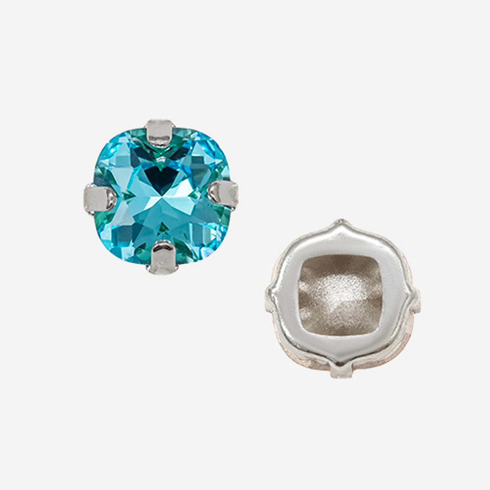 Кристалл Кушон (Сushion) в цапах, оттенок "Indicolite", 9,2мм, родирование