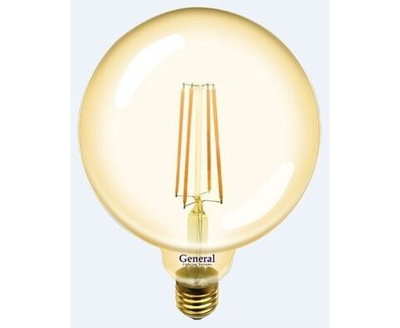 (1 шт.) Светодиодная лампочка General LOFT шар G125S E27 8W 2700K 2K 125x165 филамент (нитевидная) золотая 655309 Золотой. Цоколь E27