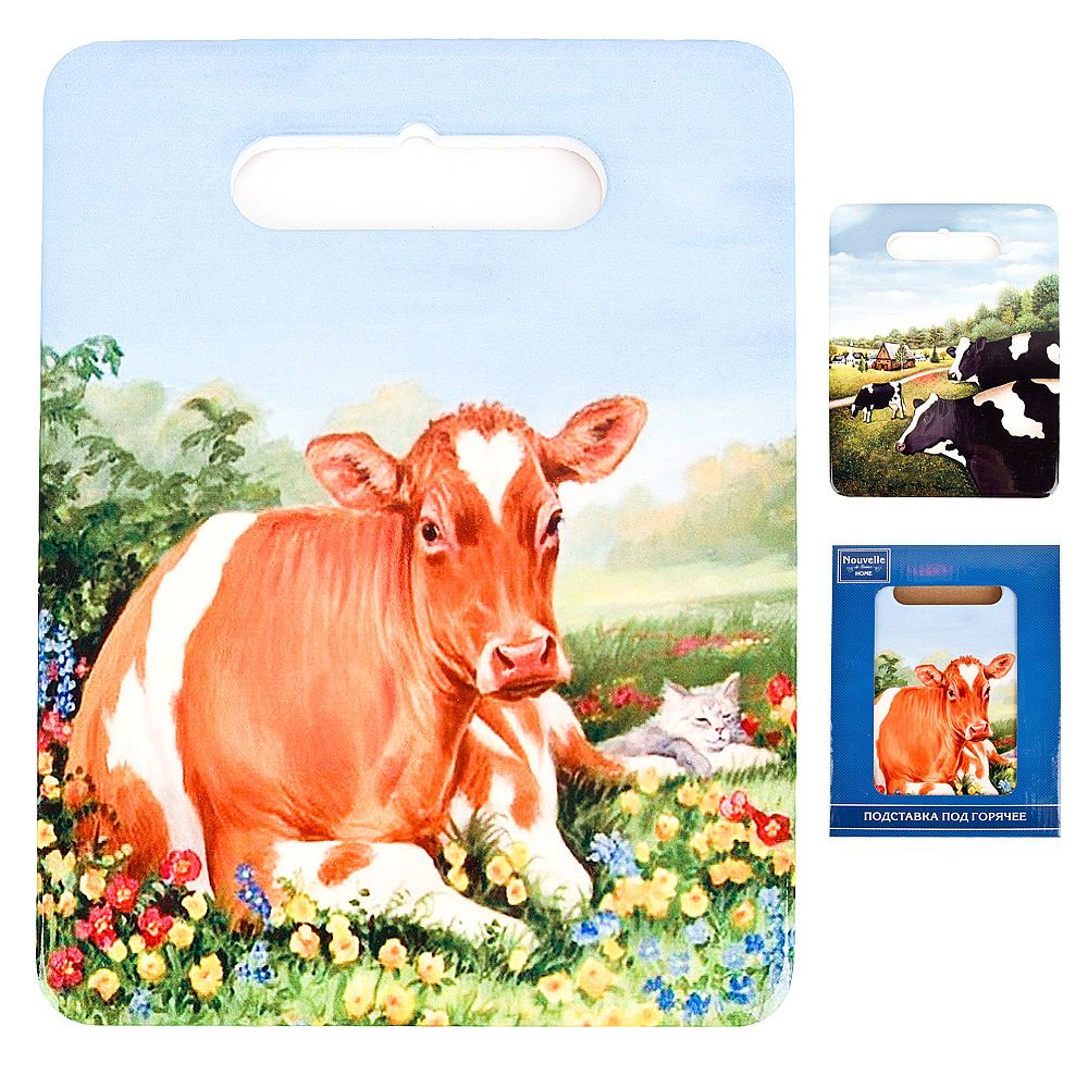 Подставка под горячее с пробкой "Буренка" 15*20*0.5см. (2вида) (подарочная упаковка)