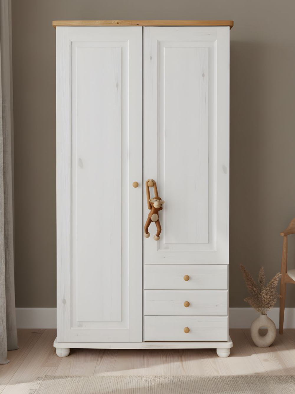 Шкаф 99х57х186, Фалко, распашной для одежды, двухдверный с ящиками, деревянный, массив сосны, белый, Dipriz