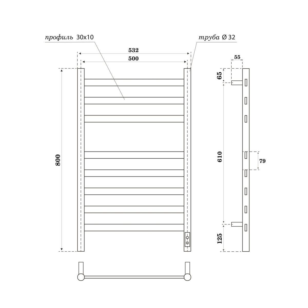 Полотенцесушитель электрический Point Селена PN16858B П8 500x800, диммер справа, черный схема