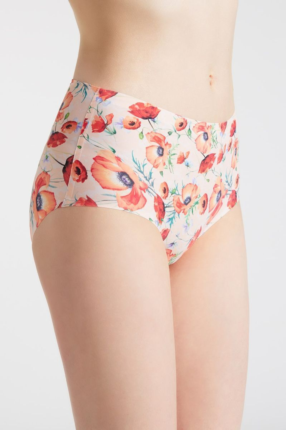 Высокие трусики Poppies с алыми маками (Размер: L) (Цвет: телесный)