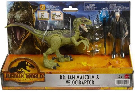 Фигурка Динозавра Mattel Jurassic World Dominion - Доктор. Ян Малкольм и Велоцираптор - Мир Юрского периода HDX46