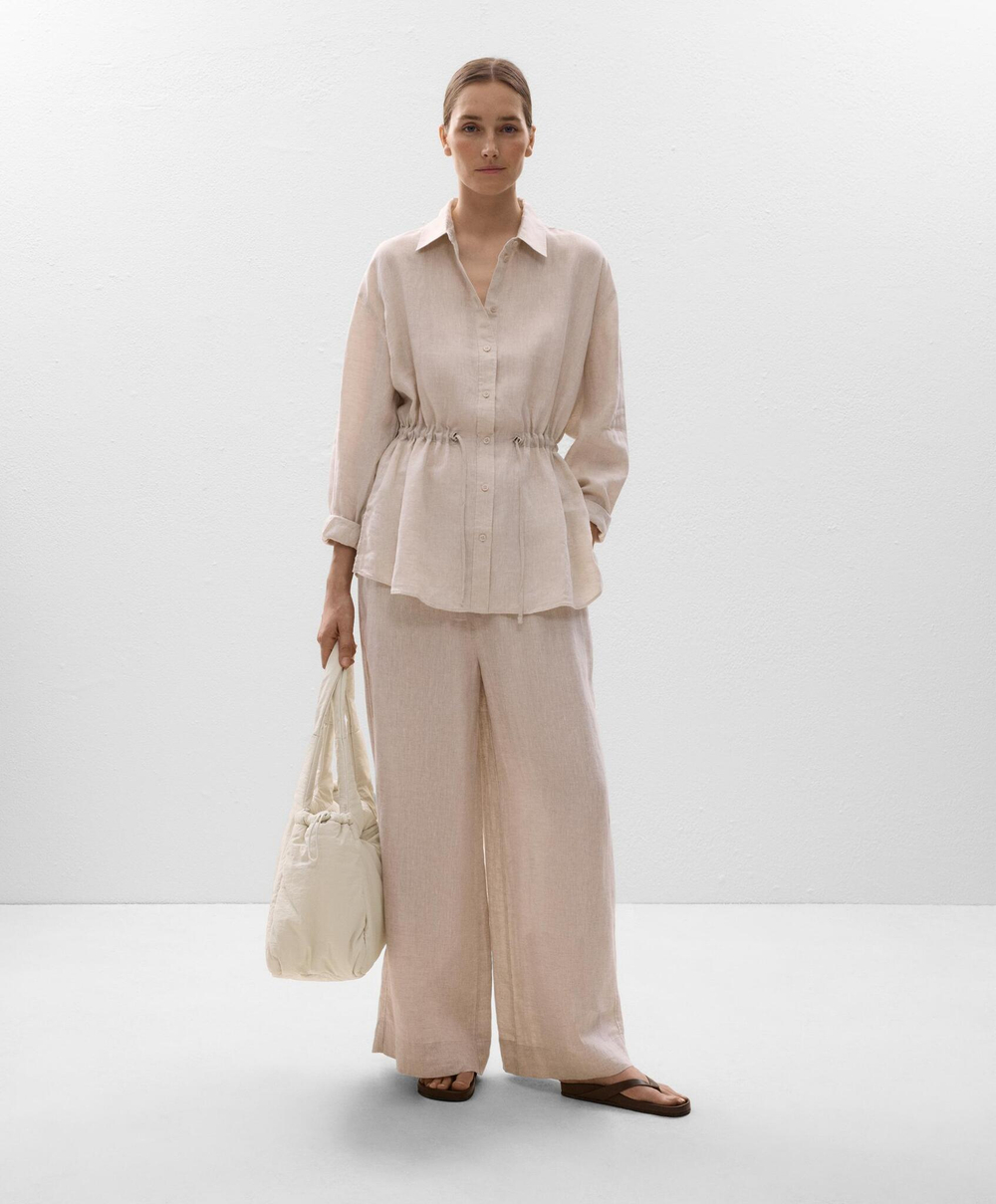 Oysho Длинная льняная рубашка, песочный меланж