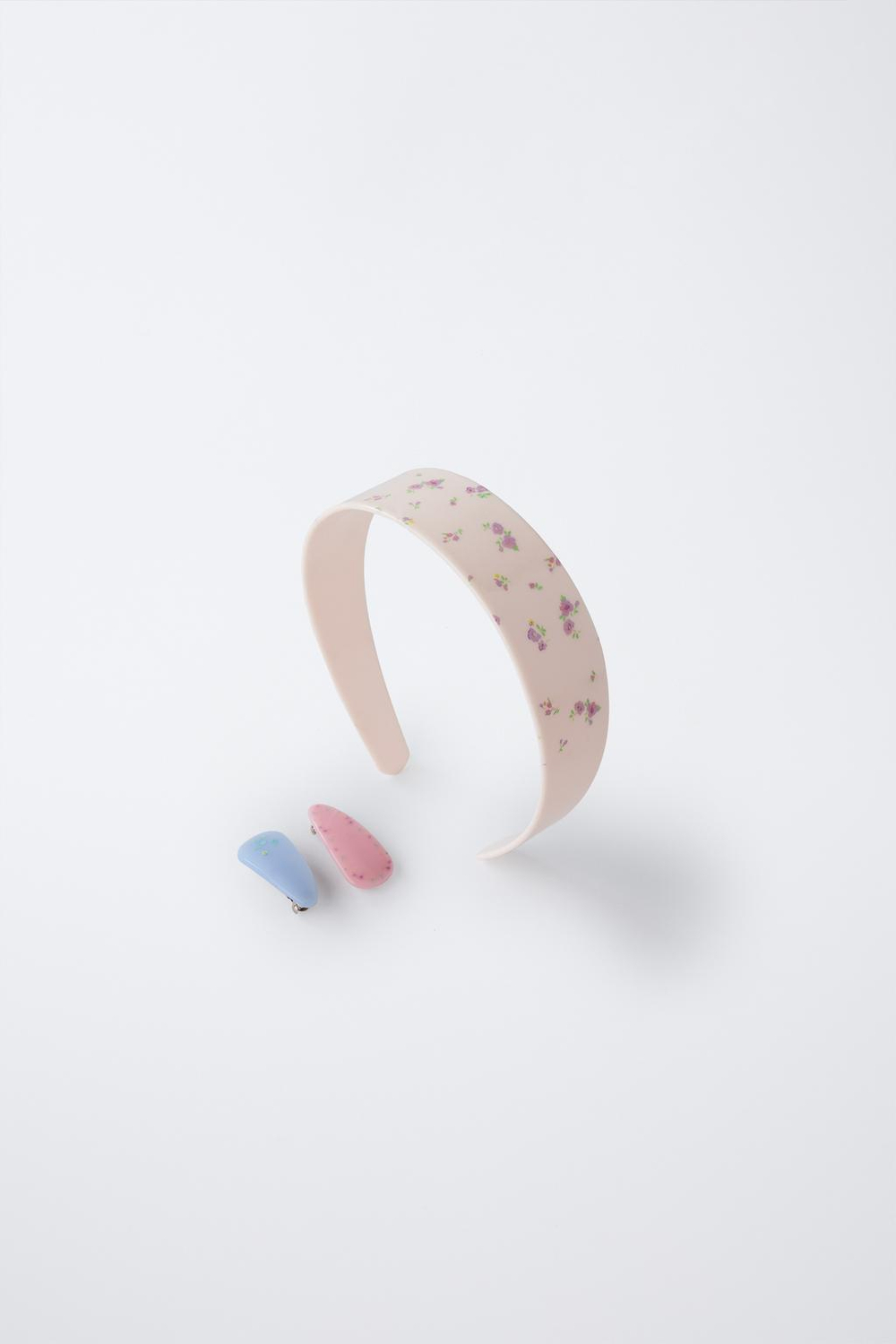 ZARA НАБОР ИЗ ОБОДКА И ЗАКОЛОК ДЛЯ ВОЛОС С ЦВЕТОЧНЫМ ПРИНТОМ, ЭКРЮ