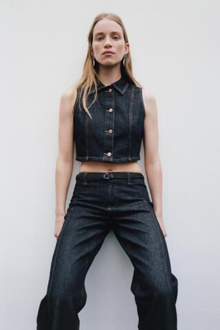 ZARA ДЖИНСЫ Z1975 BOOT-CUT С ВЫСОКОЙ ПОСАДКОЙ И РЕМНЕМ, СИНИЙ
