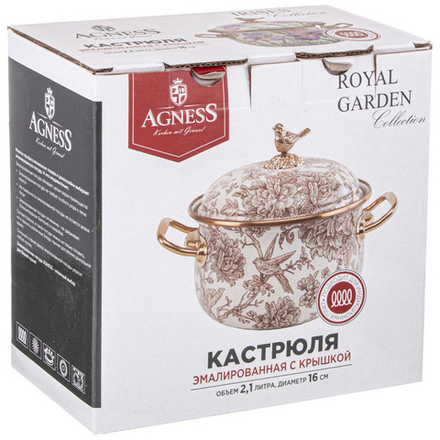 КАСТРЮЛЯ ЭМАЛИРОВАННАЯ AGNESS С КРЫШКОЙ, СЕРИЯ ROYAL GARDEN 2,1Л, ДИА.16СМ ПОДХОДИТ ДЛЯ ИНДУКЦИОН.ПЛ