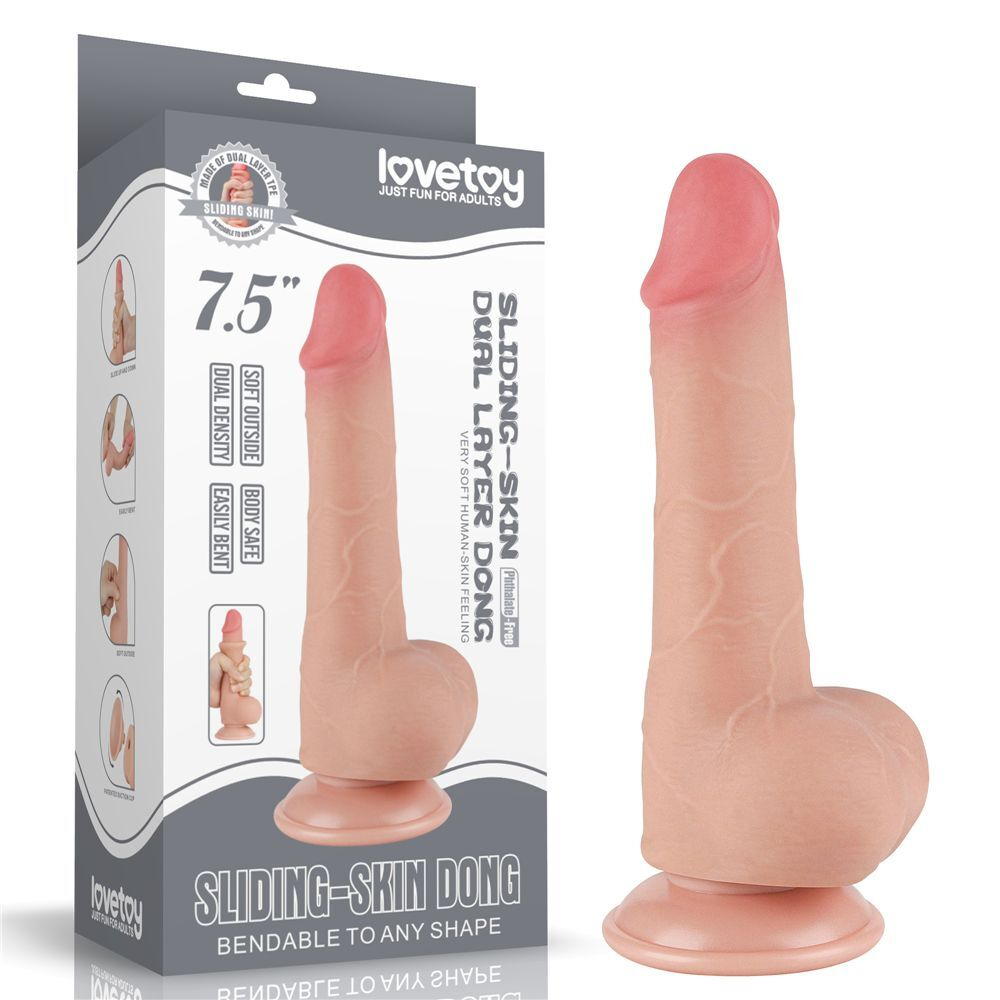Телесный фаллоимитатор с двигающейся кожей 7.5 Sliding Skin Dual Layer Dong на присоске - 19,5 см.