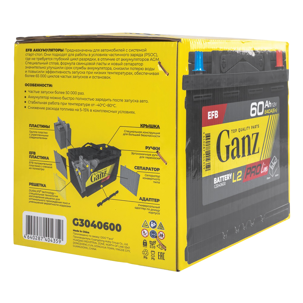 Аккумулятор GANZ PRO-Line EFB 60 А/ч обратный R+ 242x175x190 L2 EN 640 А