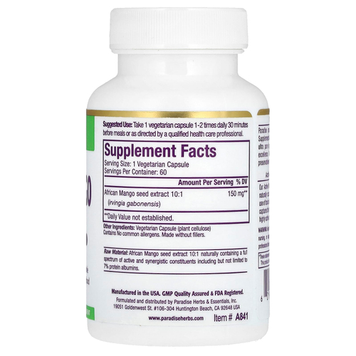 Paradise Herbs, экстракт ирвингии габонской, 150 мг, 60 вегетарианских капсул