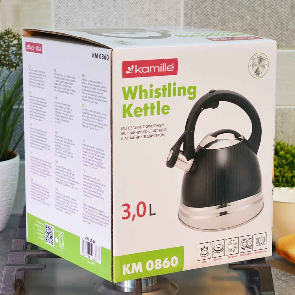 Чайник 3л нерж со свистком, с ручкой "soft touch", черный