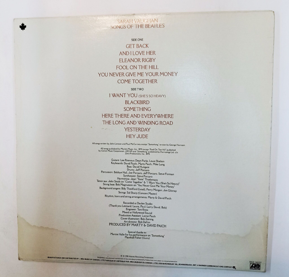 Винтажная виниловая пластинка LP Sarah Vaughan Songs Of The Beatles (Canada 1981)