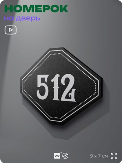 Номерок на дверь квартиры 512, для кабинета, офиса, шильдик 9 х 7 см, черный, Айдентика Технолоджи