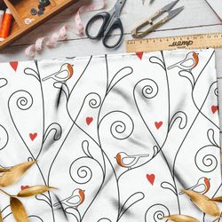 Ткань шифон снегири и завитки на белом фоне