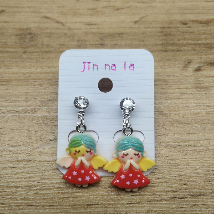 Клипсы Angel Ангелочек в красном платье с голубыми волосами кристалл металл серебристый