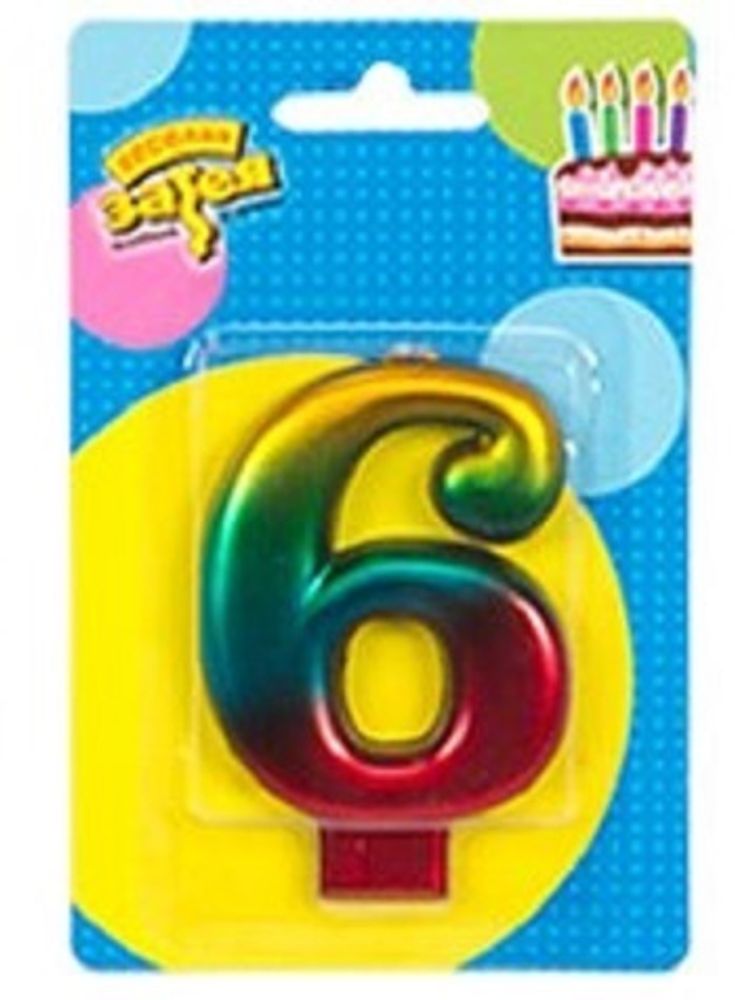 Свеча -цифра &quot;6&quot; Радуга металлик 8см/V