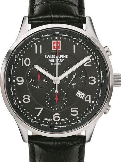 С ремешком Мужские наручные часы с черным кожаным ремешком  Swiss Alpine Military 7084.9537 Chronograph 43mm 10ATM