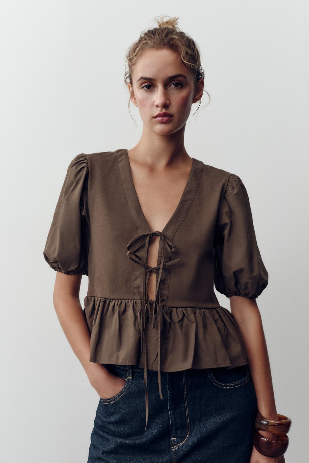 ZARA КОМБИНИРОВАННЫЙ ТОП С ЗАВЯЗКАМИ, ШОКОЛАДНЫЙ