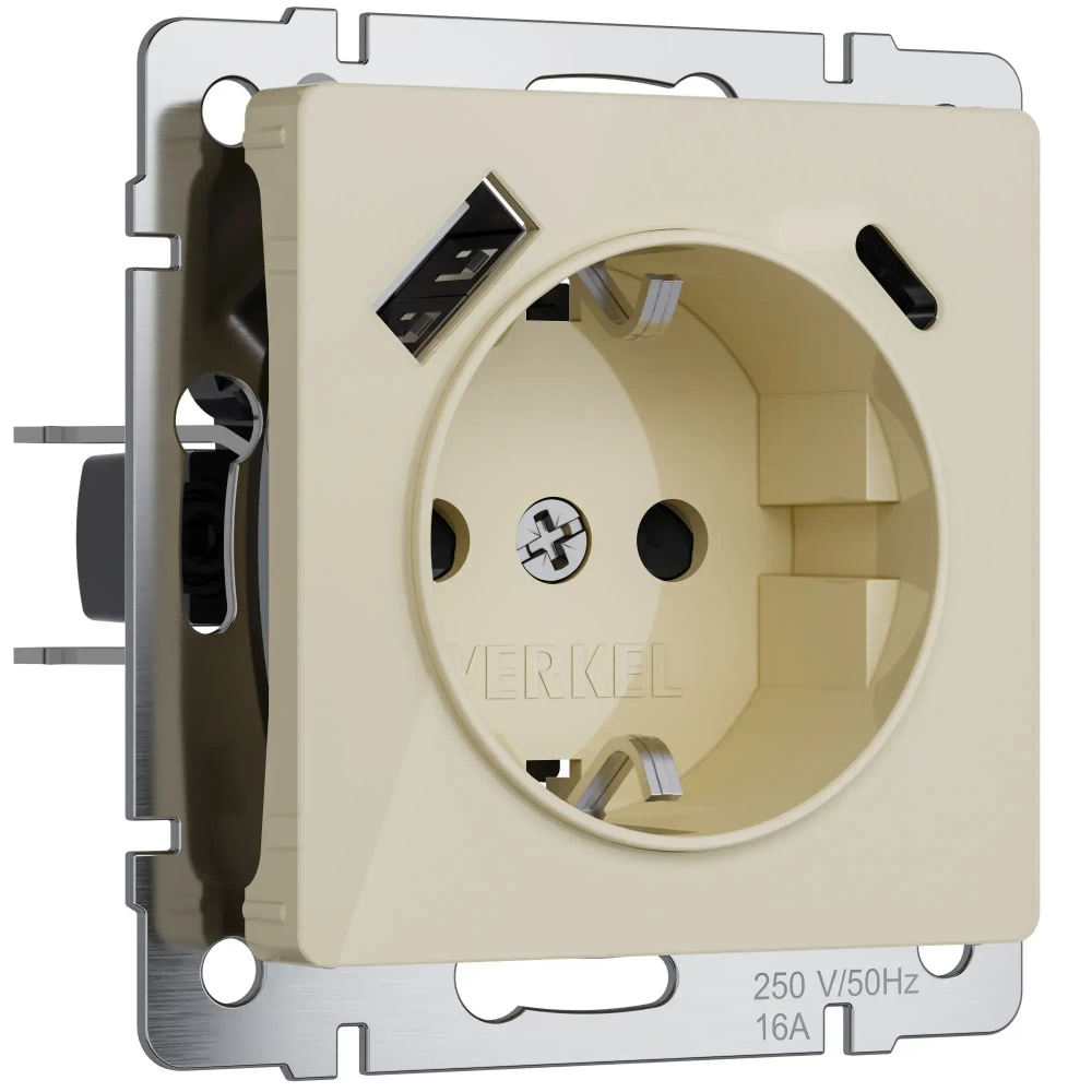 Розетка с заземлением, шторками и USB тип A+C (айвори акрил) W1171743