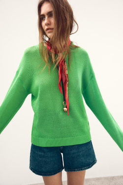 ZARA ОДНОТОННЫЙ СВИТЕР ПРЯМОГО КРОЯ, ЗЕЛЕНЫЙ