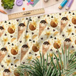 Ткань штапель ванильное мороженое и кокосы на жёлтом фоне