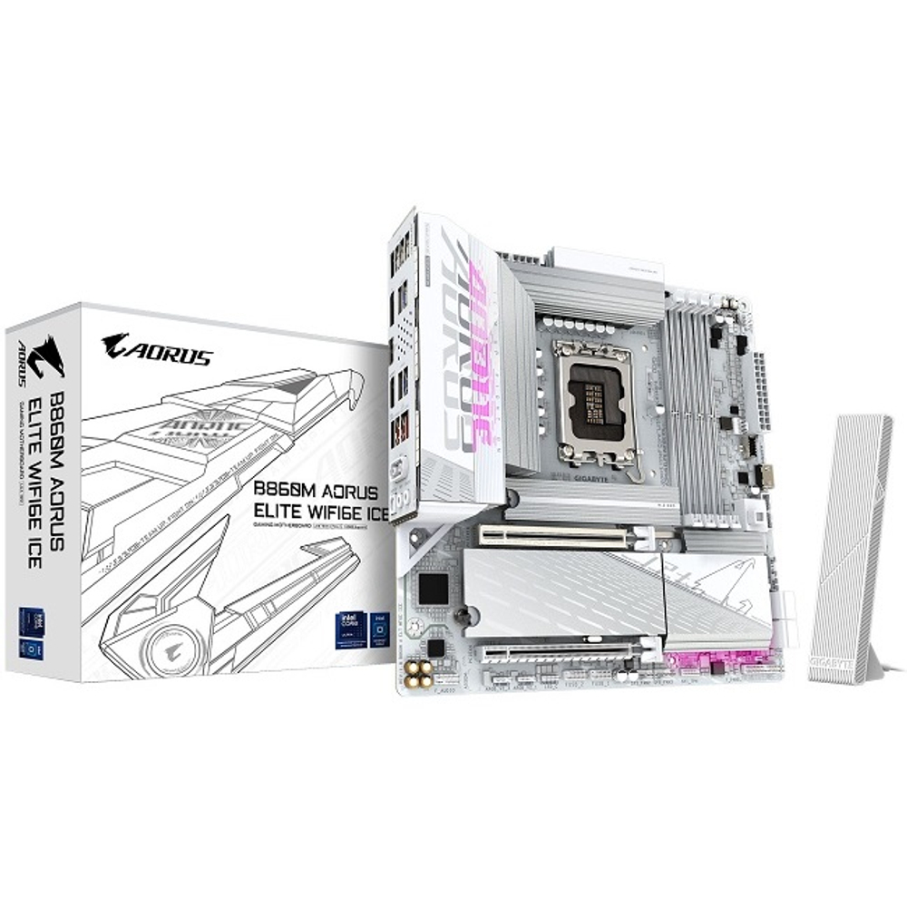 Материнская плата GIGABYTE B860M AORUS ELITE WIFI6E ICE (LGA1851/B860/4xDDR5/2xPCI-Ex16/3xM.2/Wi-Fi/BT/GLAN/HDMI/mATX)
