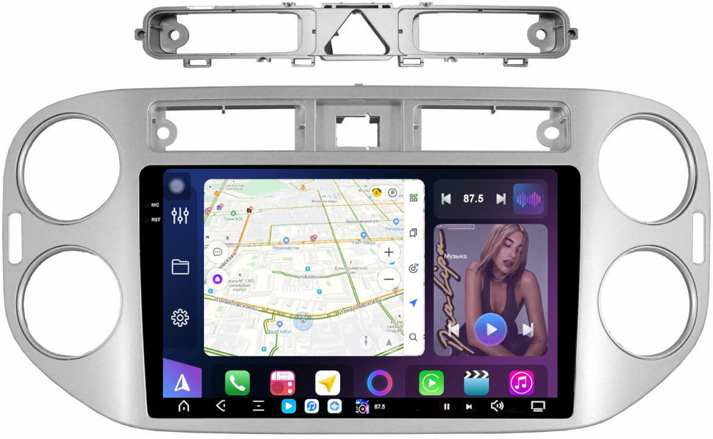 Магнитола для Volkswagen Tiguan 1 2007-2011, Golf Plus (аварийка треугольная, рамка серебро) - FarCar BX489M-360 монитор 9.5" 2K QLED на Android 13, 6Гб+128Гб, CarPlay, 4G SIM-слот, 4 камеры в комплекте