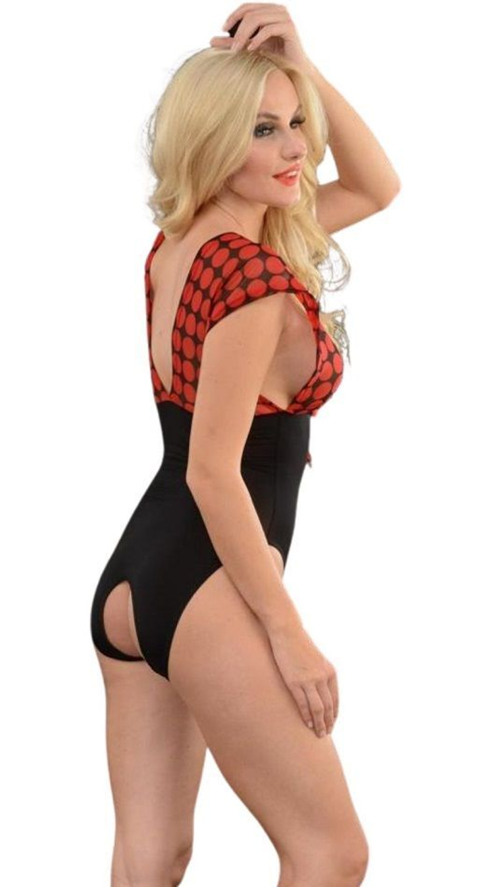 Женское боди с верхом в крупный горох (Размер: L-XL) (Цвет: черный с красным)