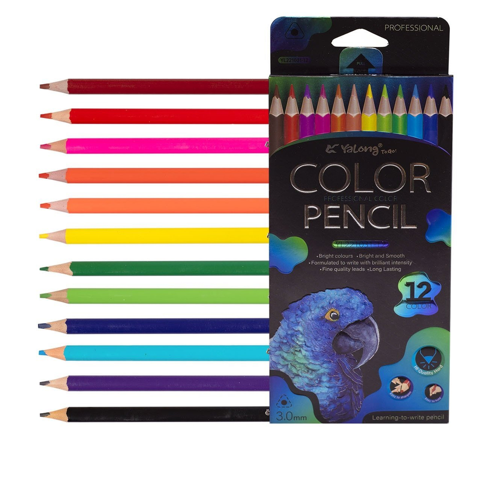 Карандаши цветные Yalong 12 цв., "Неоновые животные" (птицы,рыба,черепаха) деревянные, трехгранные, заточенные, грифель 3.0, картон. уп., европодвес