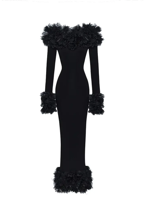 Платье макси из трикотажа с цветочной отделкой