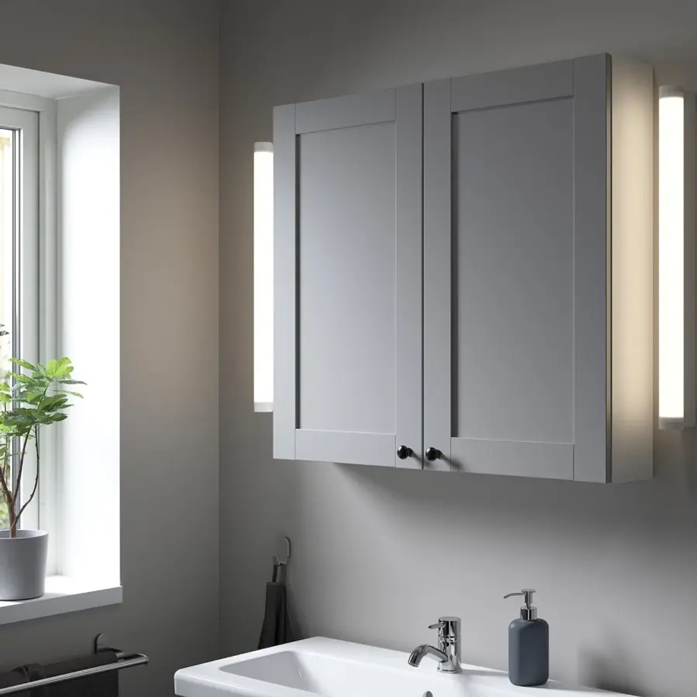 Настенный шкаф для ванной комнаты - ENHET IKEA/ ЭНХЕТ ИКЕА, 80х75х17 см, серый/белый