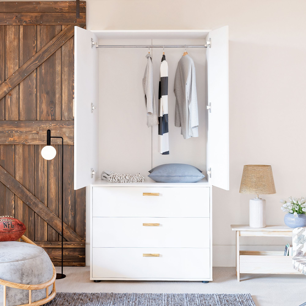 Шкаф 90х58х187, Моби, распашной для одежды, с 3 ящиками, 2 двери, с ручками из массива дуба, Dipriz