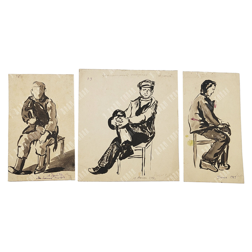 Динес Ю. С. Комплект из трёх портретов военного времени. Наброски. 1941