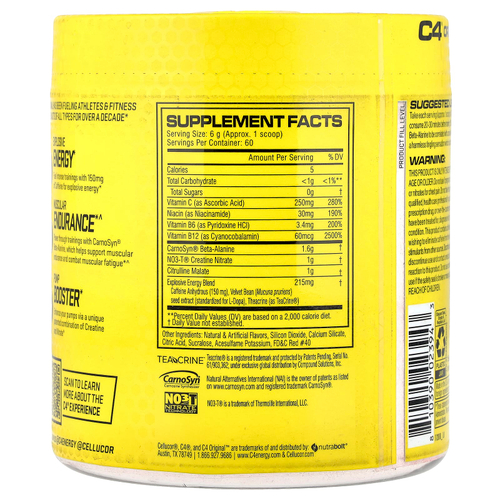 C4 / Cellucor, C4® Original, предтренировочный комплекс, со вкусом фруктового пунша, 360 г (12,7 унции)