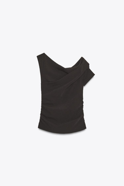 ZARA АСИММЕТРИЧНЫЙ ТОП СО СБОРКАМИ, ТЕМНО-КОРИЧНЕВЫЙ