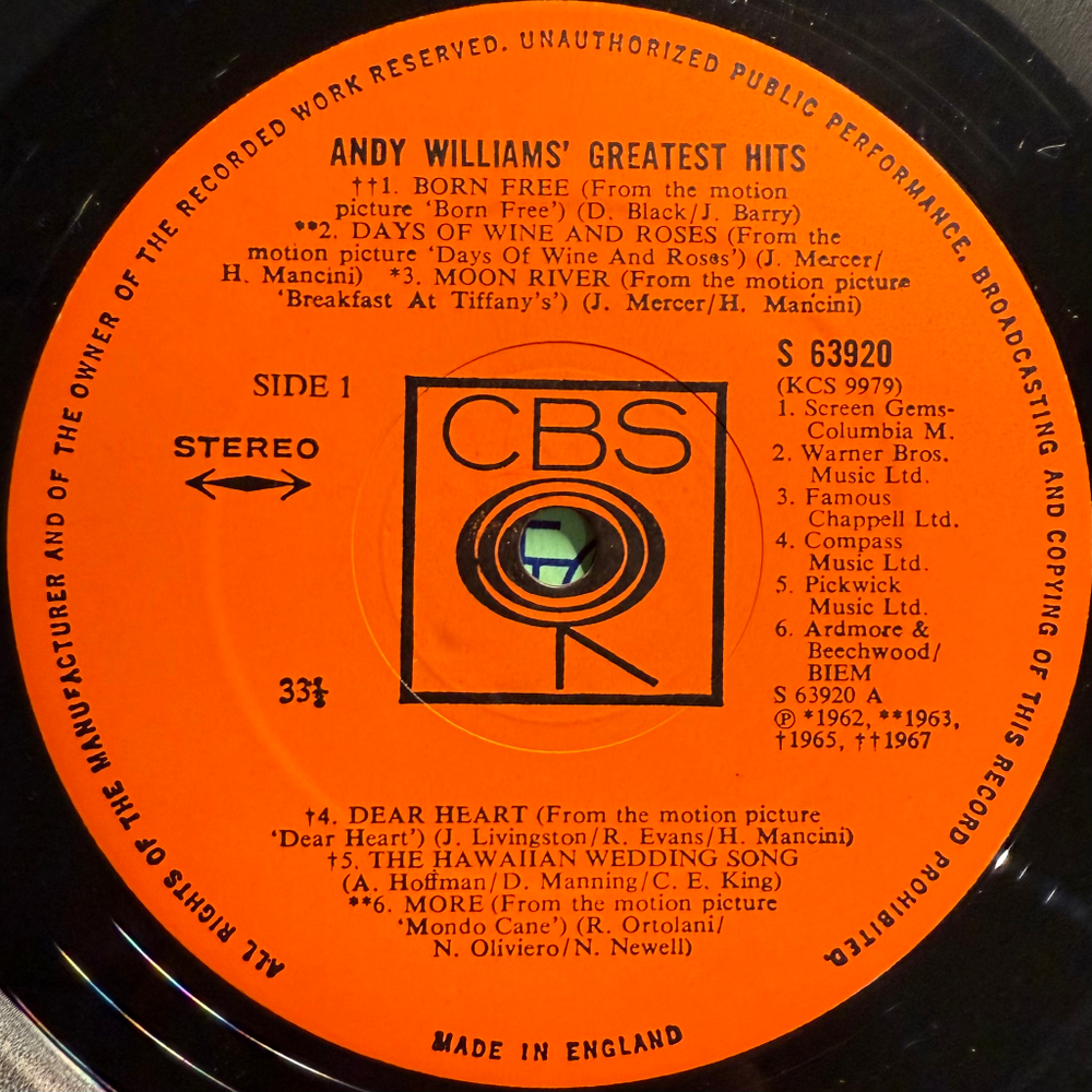 Andy Williams - Andy Williams' Greatest Hits (Англия 1970г.)
