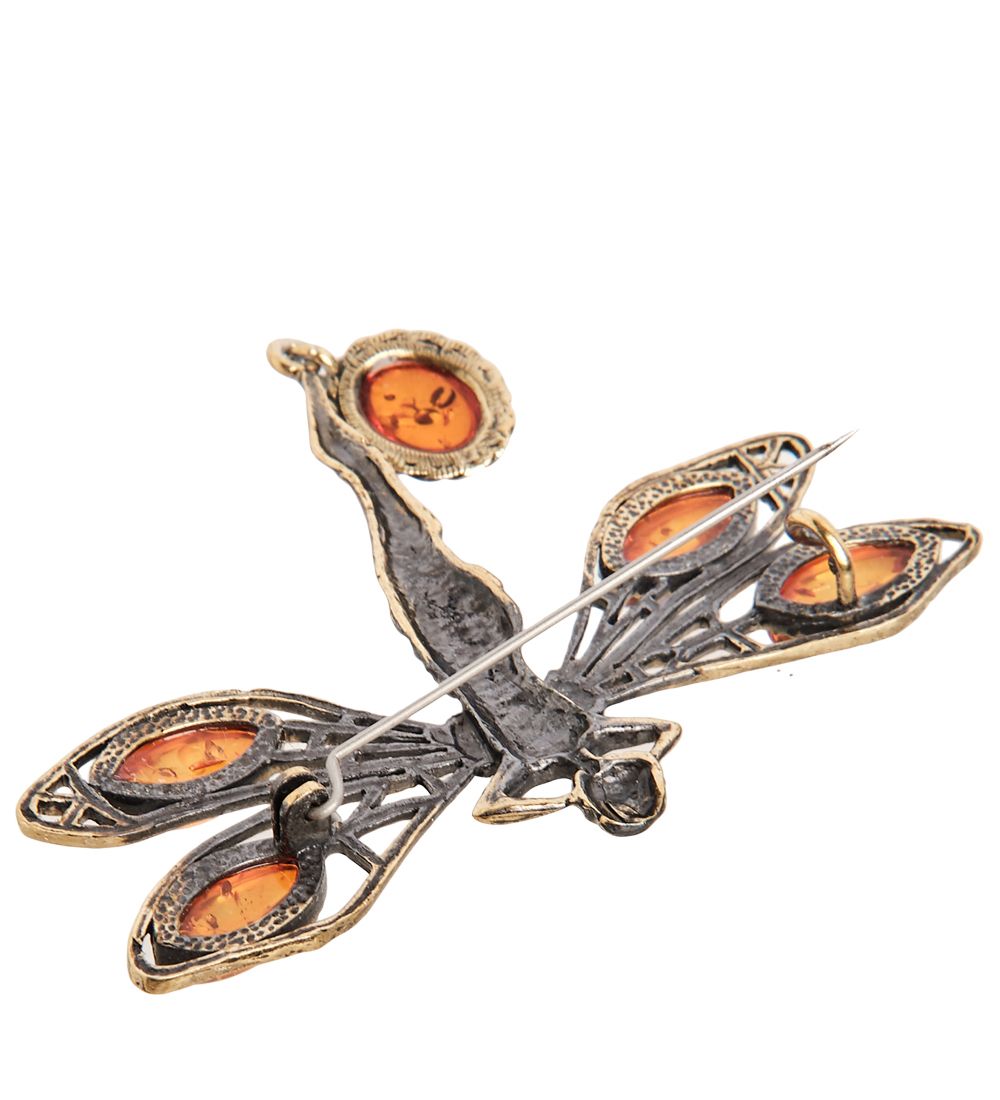 AM-1746 Брошь «Стрекоза Фея с бантиком» (латунь, янтарь)