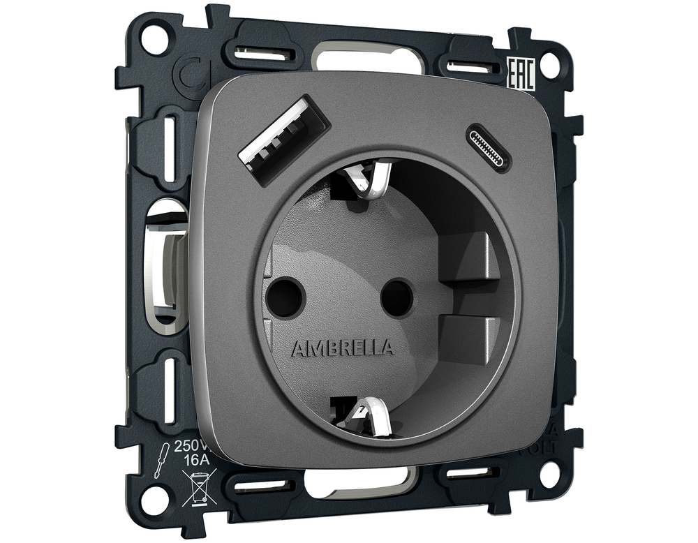 MO660010 Комплект механизма электрической розетки OMEGA Антрацит серый 2USB A+C 20W (быстрая зарядка) с/з QUANT (OP6600, VM160)