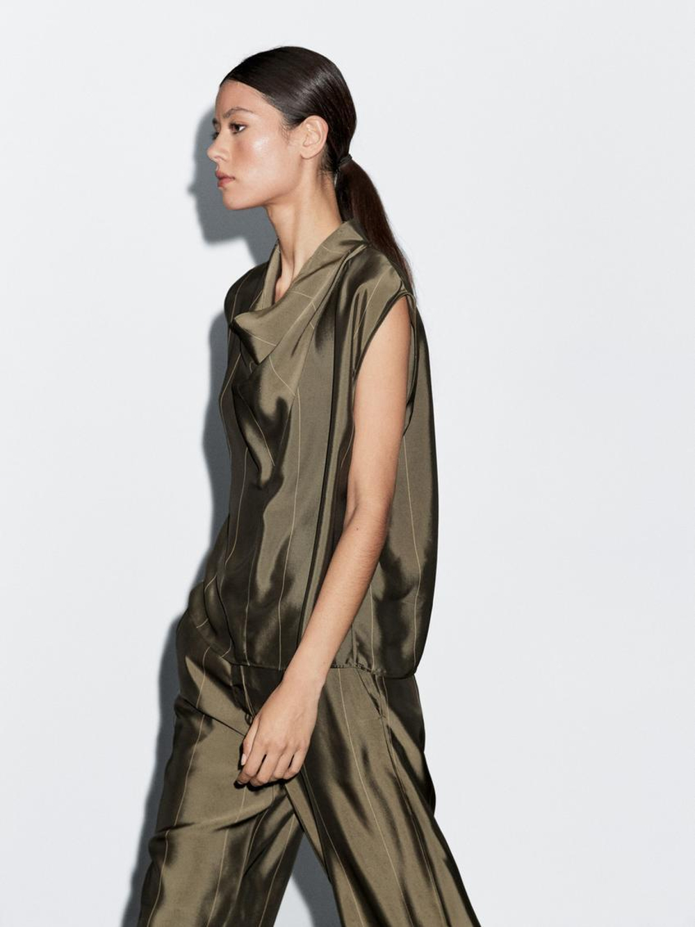 Massimo Dutti Блуза из струящейся ткани в полоску, хаки