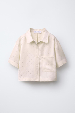 ZARA АТЛАСНАЯ РУБАШКА СО СТРАЗАМИ, СВЕТЛО-БЕЖЕВЫЙ