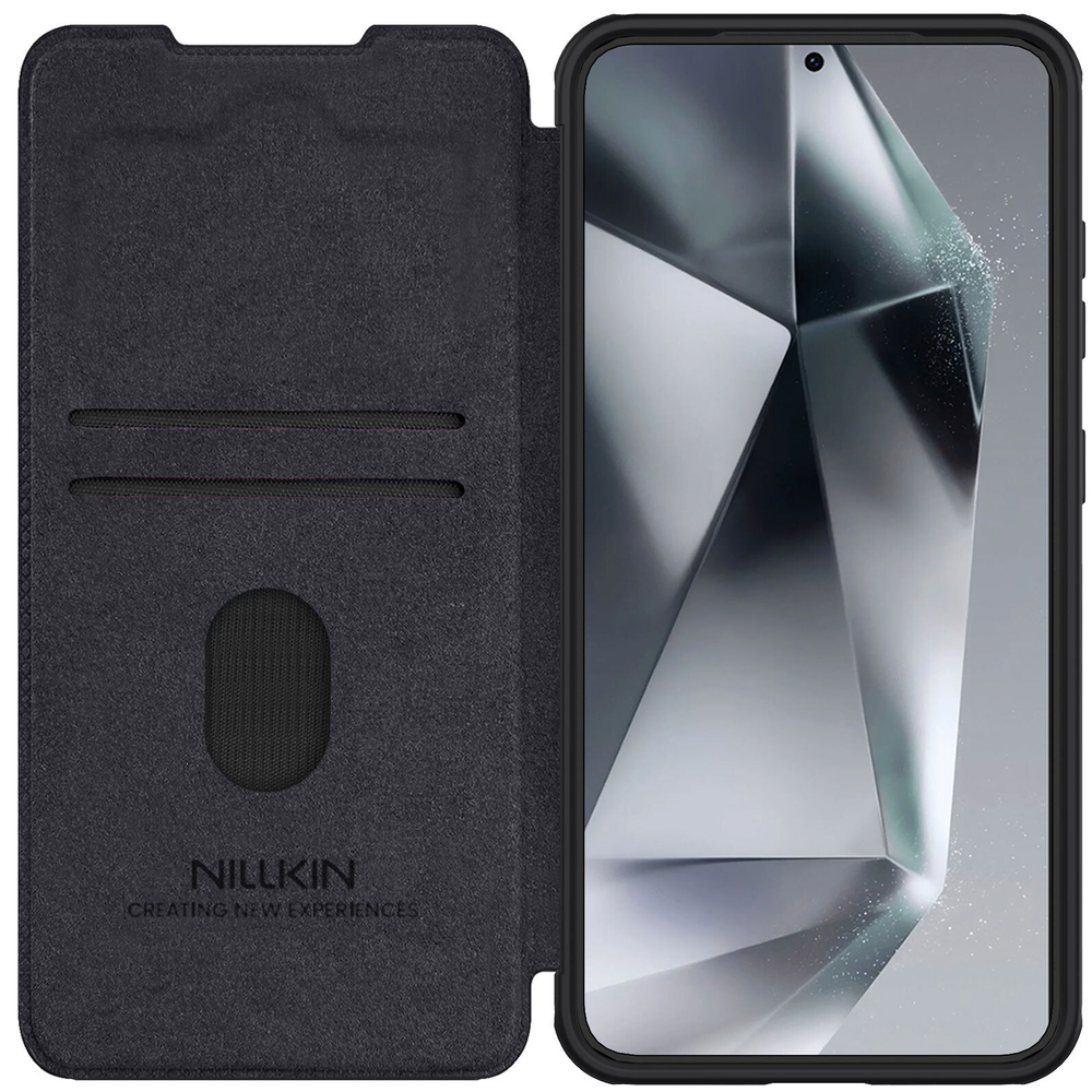 Кожаный чехол книжка черного цвета от Nillkin для Samsung Galaxy S25, серия Qin Pro Leather с сдвижной защитной шторкой для камеры