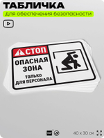 Табличка для обеспечения безопасности "Стоп, опасная зона, только для персонала", для офиса, по охране труда для предприятия, организаций, 40х30 см, Silver Plane x Айдентика Технолоджи