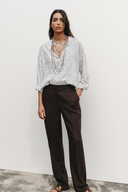 ZARA РУБАШКА В ГОРОШЕК С РУКАВАМИ С ПАТАМИ, ЭКРЮ/ЧЕРНЫЙ