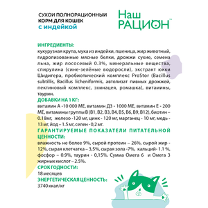 Уценка! Повр.упак. / Сухой корм «Наш рацион» для взрослых кошек с индейкой
