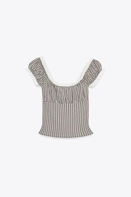 ZARA ТОП В КЛЕТКУ ВИШИ С КРУЖЕВОМ, КОРИЧНЕВЫЙ/ЭКРЮ