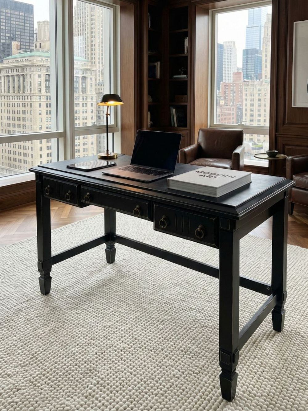 Стол письменный, 140х65х84, Джоли, компьютерный, с ящиками, массив березы, черный, MAKOSA